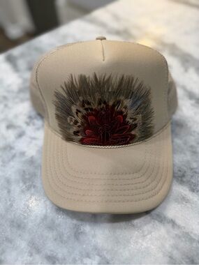 OTTO Beige Cap with Feather & Red Floral Detail